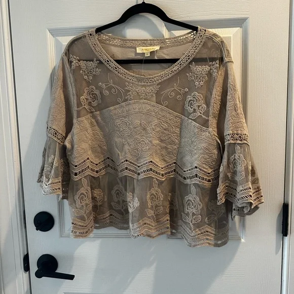 Rebellion Tan Blouse with Ruffled 3/4 Sleeves - Picture 1 of 3